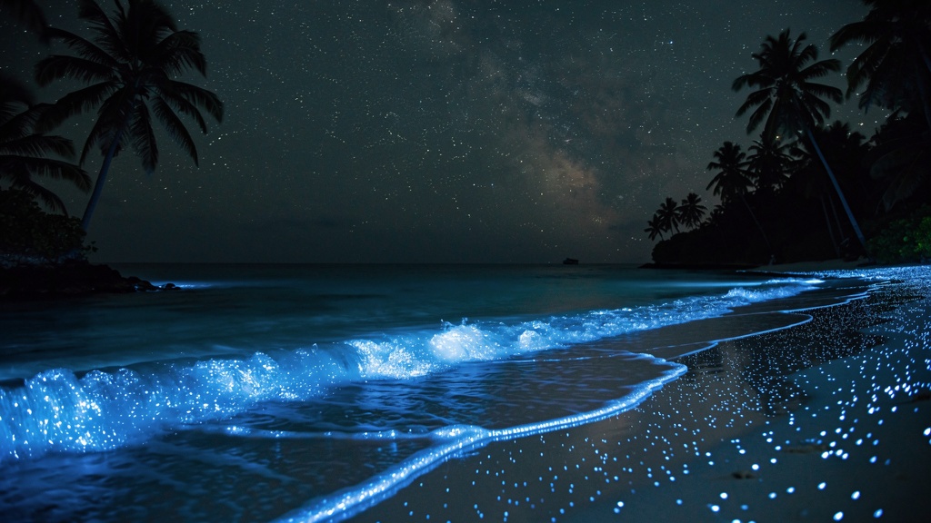 Bioluminescent plankton glowing blue on a night beach