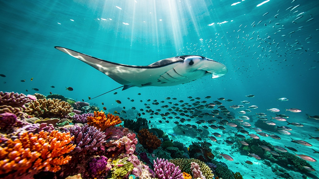 Manta ray gliding over a coral reef in clear water