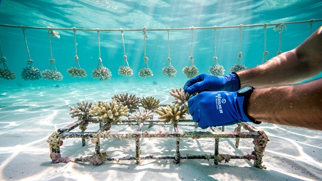 Coral restoration with gloved hands planting fragments on a reef frame