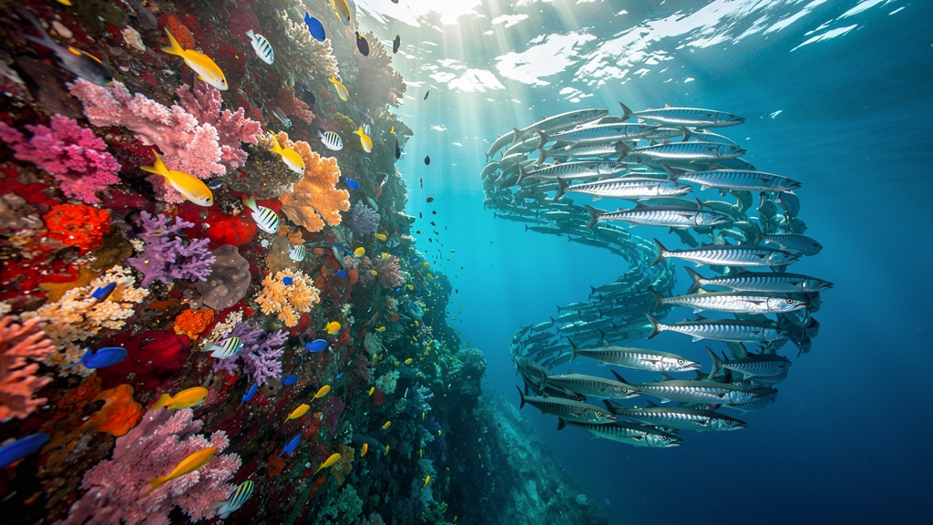 Coral wall dive site in Ari Atoll with barracuda