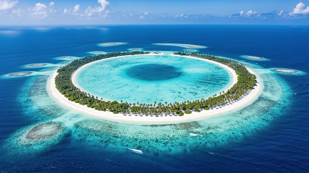 Aerial view of a Maldives atoll ring of islands around a turquoise lagoon
