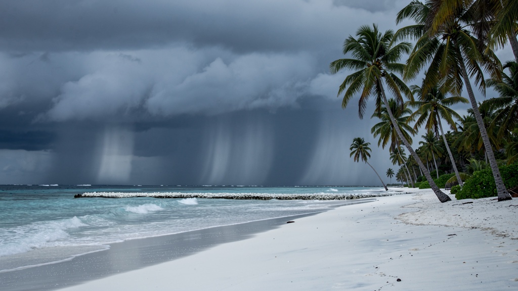 Wet season Maldives beach with dramatic sky and passing rain