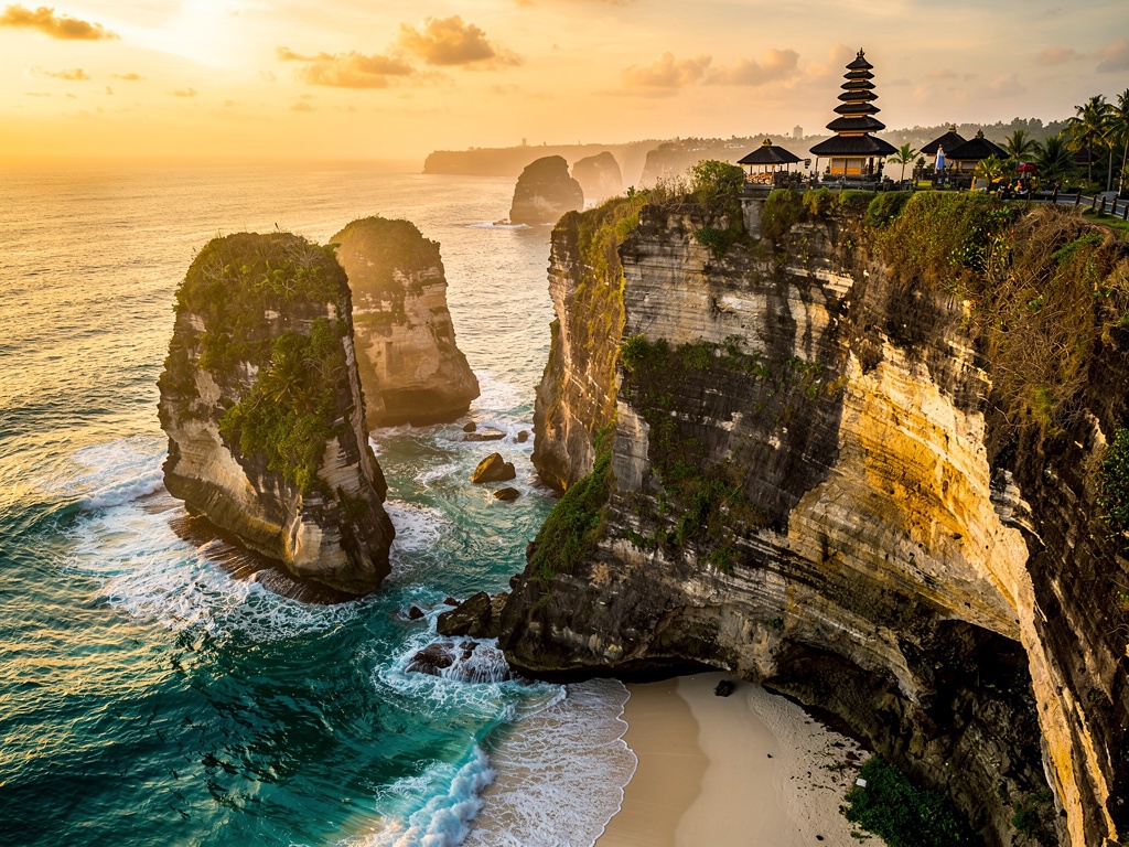 Dramatic Uluwatu-style limestone cliff coastline and turquoise water in Bali