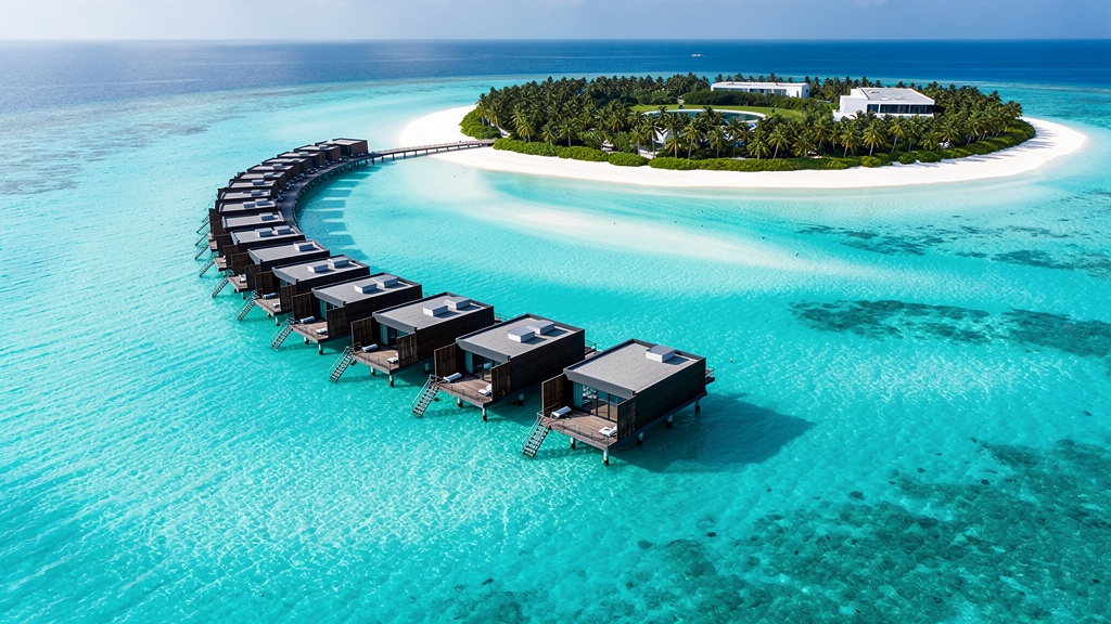 Aerial view of an overwater Maldives resort village with turquoise lagoon