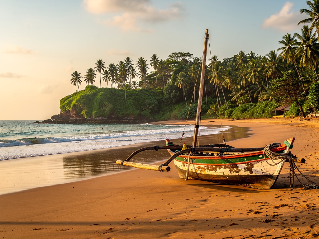 Palm-fringed Sri Lanka south coast with a catamaran on the sand