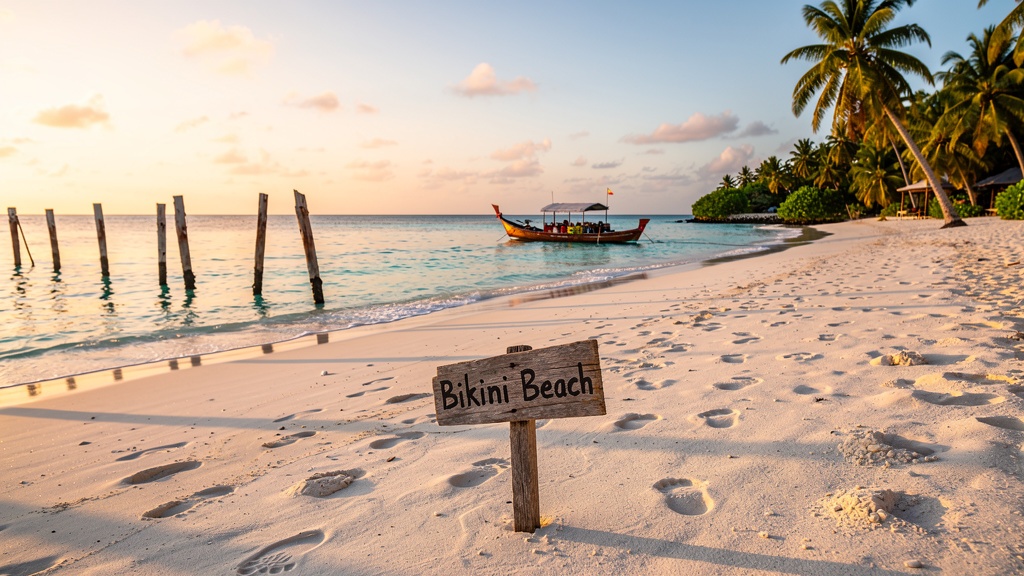 Sunset on a Maldives local island with a 'Bikini Beach' wooden sign and dhoni on the horizon