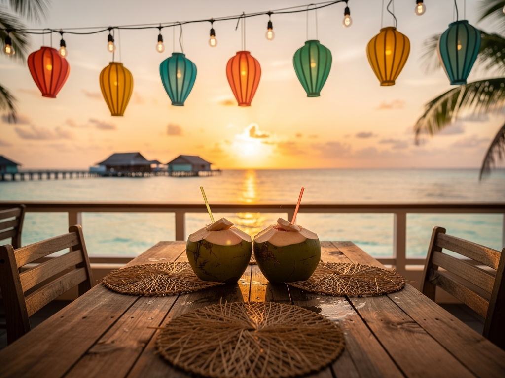 Rooftop Maldives cafe with woven placemats fresh coconut water and lanterns at sunset
