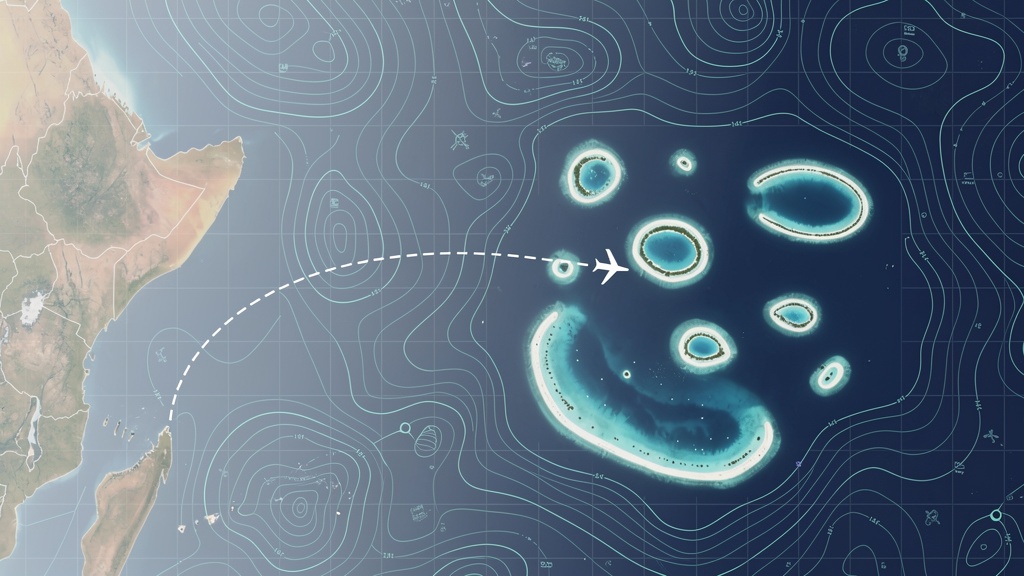 Maldives atolls on a map with a flight route from India