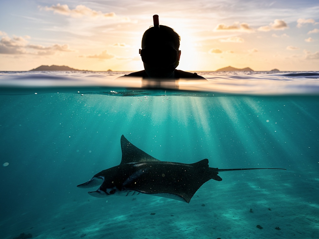 Split-view photograph of a snorkeller silhouette at the waterline with a manta ray below