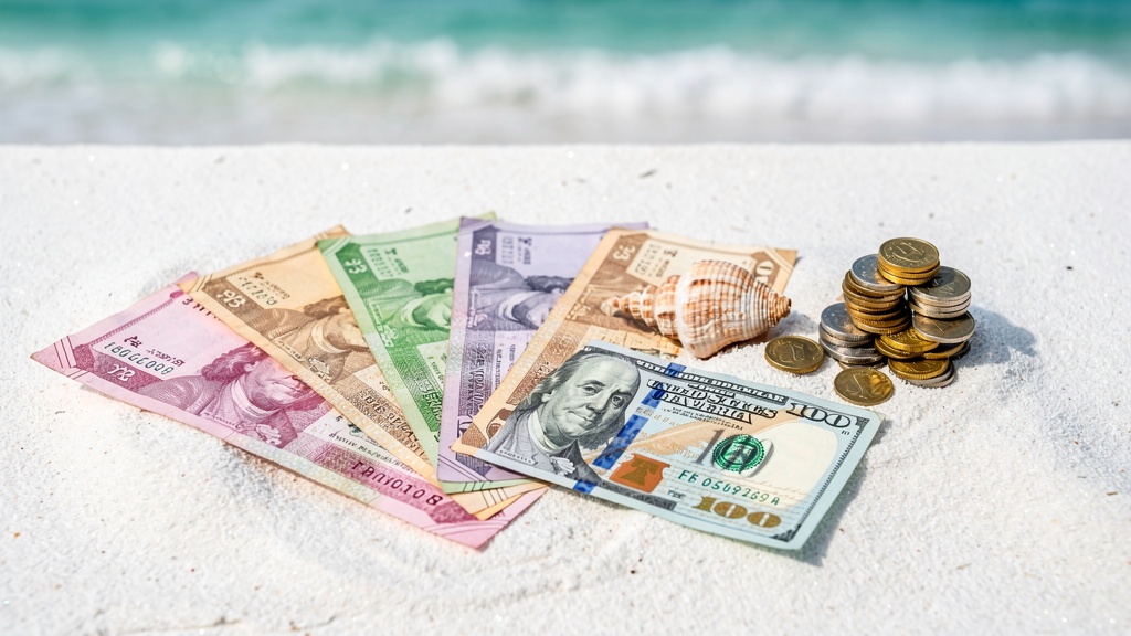 Indian rupee and US dollar notes on a Maldives beach
