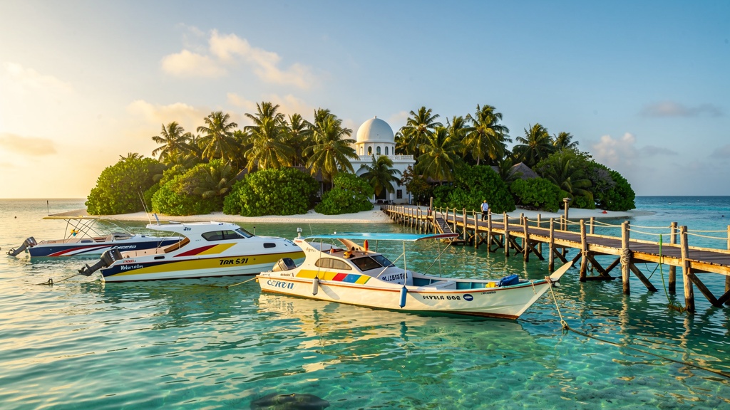 Maldives harbour with dhoni boats at golden hour