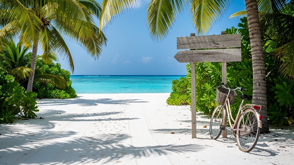 Wooden path through a calm Maldives lagoon at golden hour