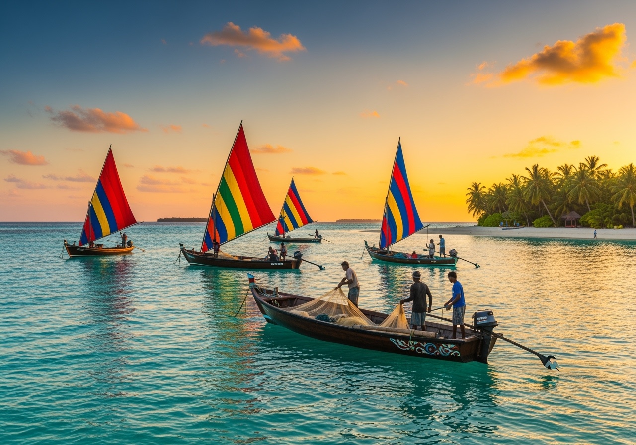 Traditional dhoni boats in South Malé Atoll lagoon