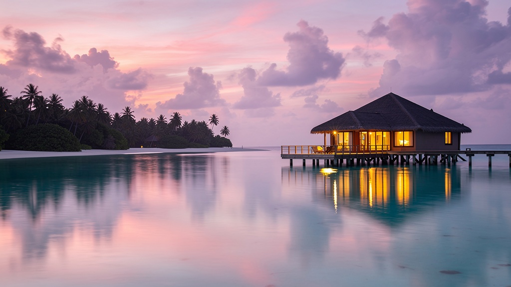 Maldives resort beach at dusk with lounge chairs and overwater silhouettes