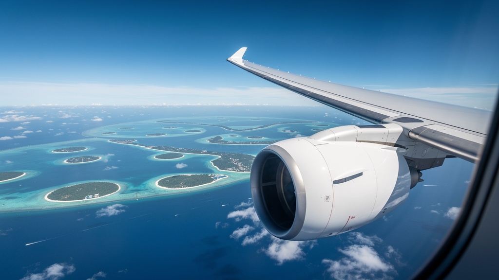 Airliner flying over the Maldives archipelago