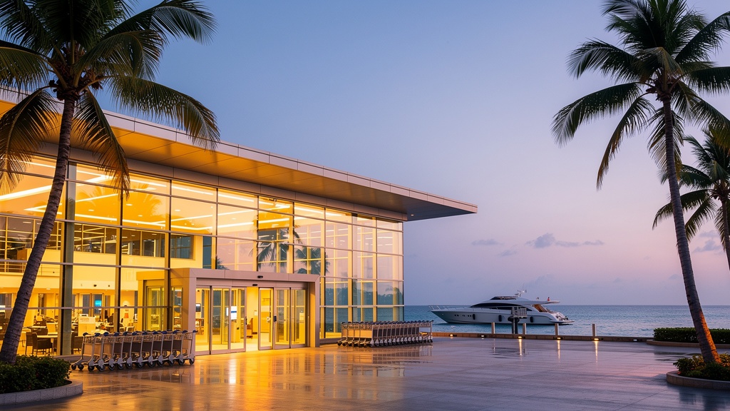 Velana International Airport arrival terminal at dusk