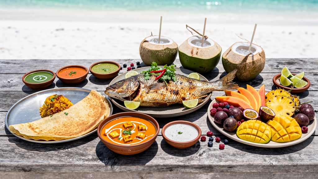Seafood and vegetarian spread on a beach table
