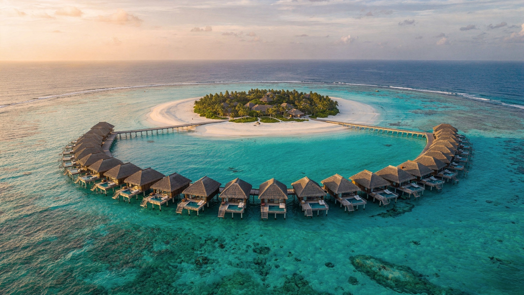 Aerial view of overwater villas curving around a turquoise Maldives lagoon at golden hour