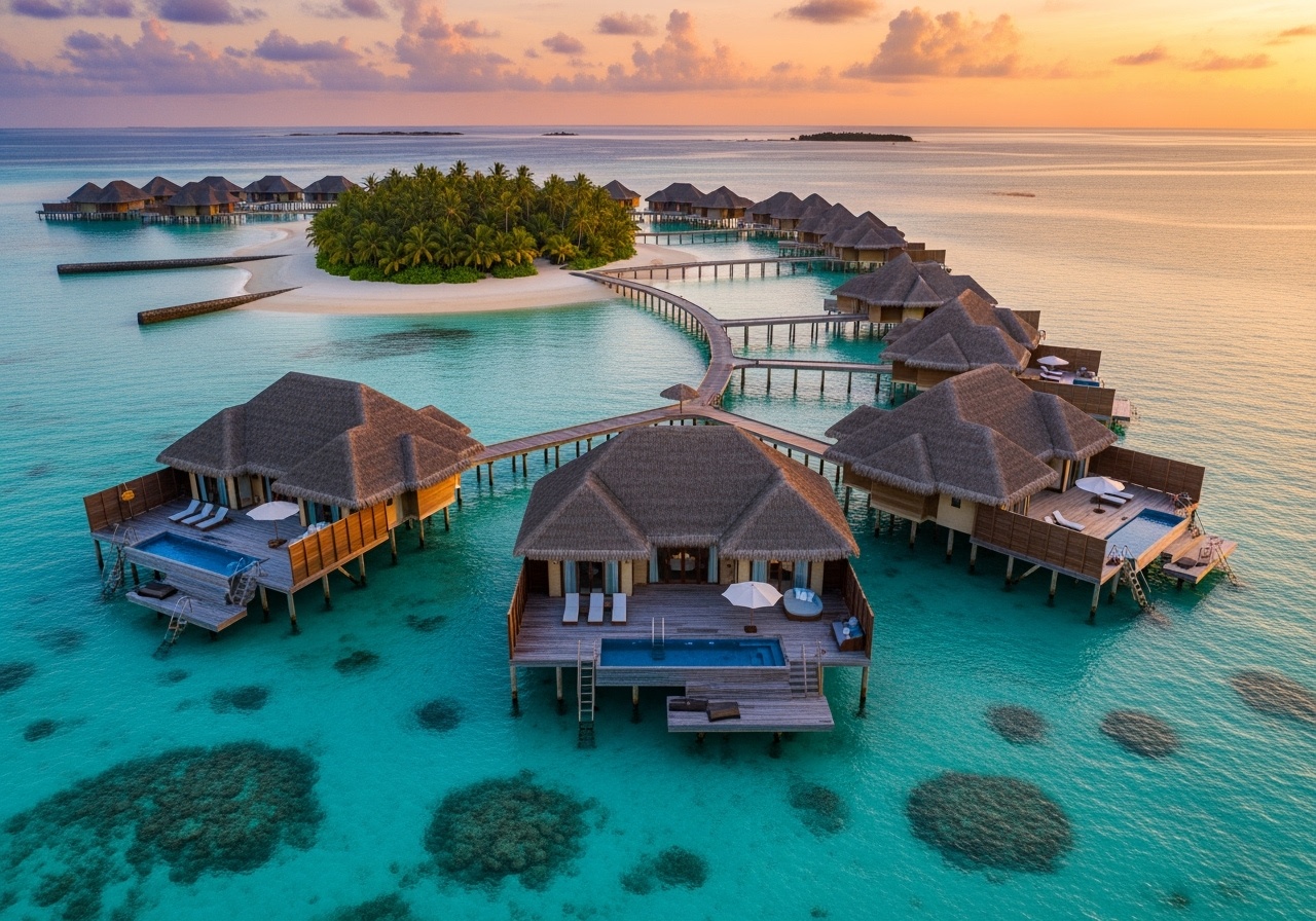 Luxury overwater bungalows with thatched roofs over crystal lagoon