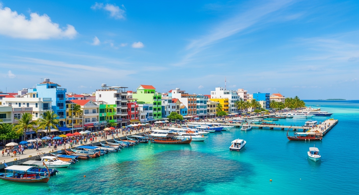 Malé city skyline with colorful buildings and harbor
