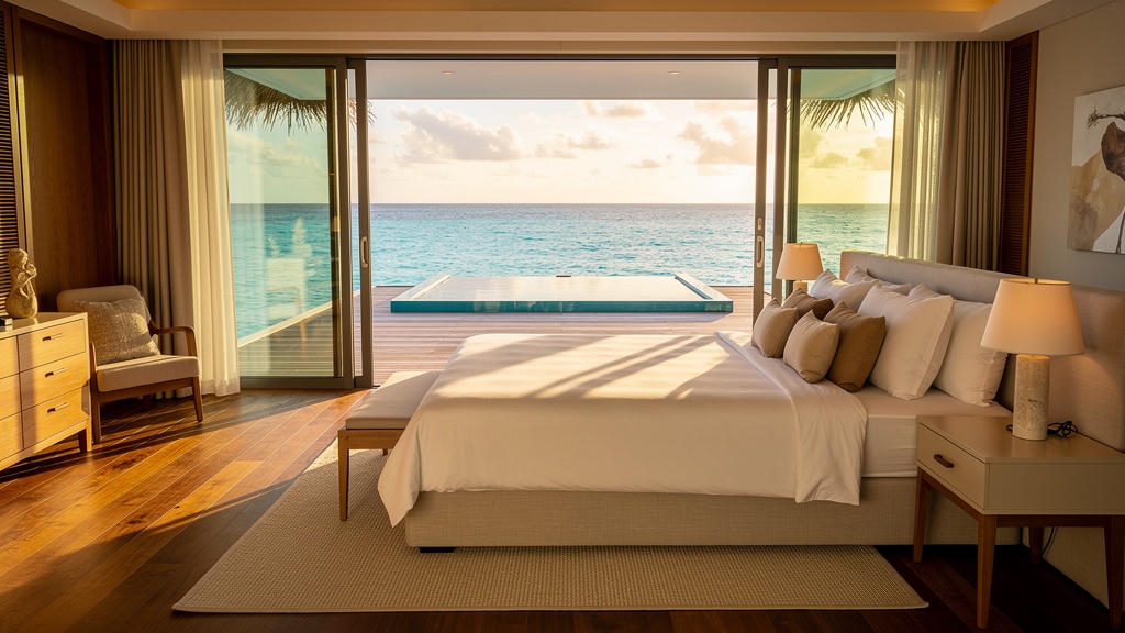 Luxury overwater villa interior opening onto a turquoise lagoon
