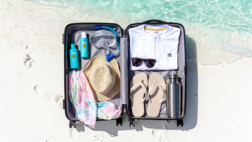 Open suitcase with Maldives travel essentials on the beach