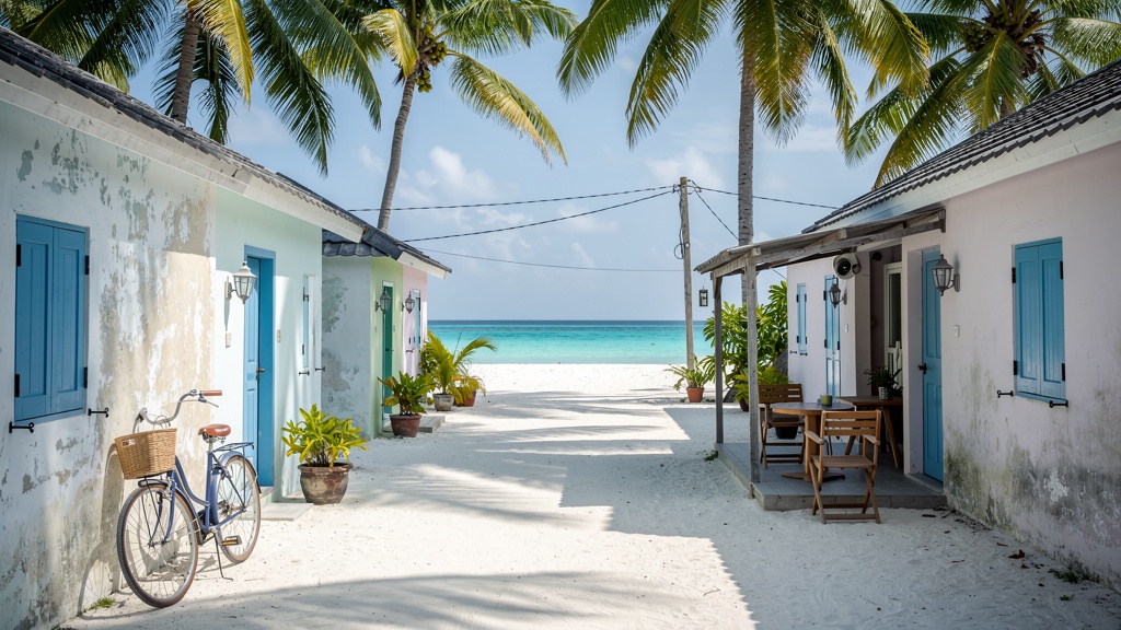 Sandy lane with guesthouses on a local inhabited island