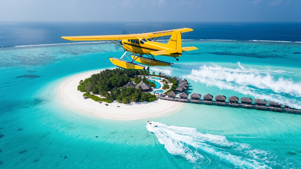 Yellow seaplane taking off from a turquoise lagoon