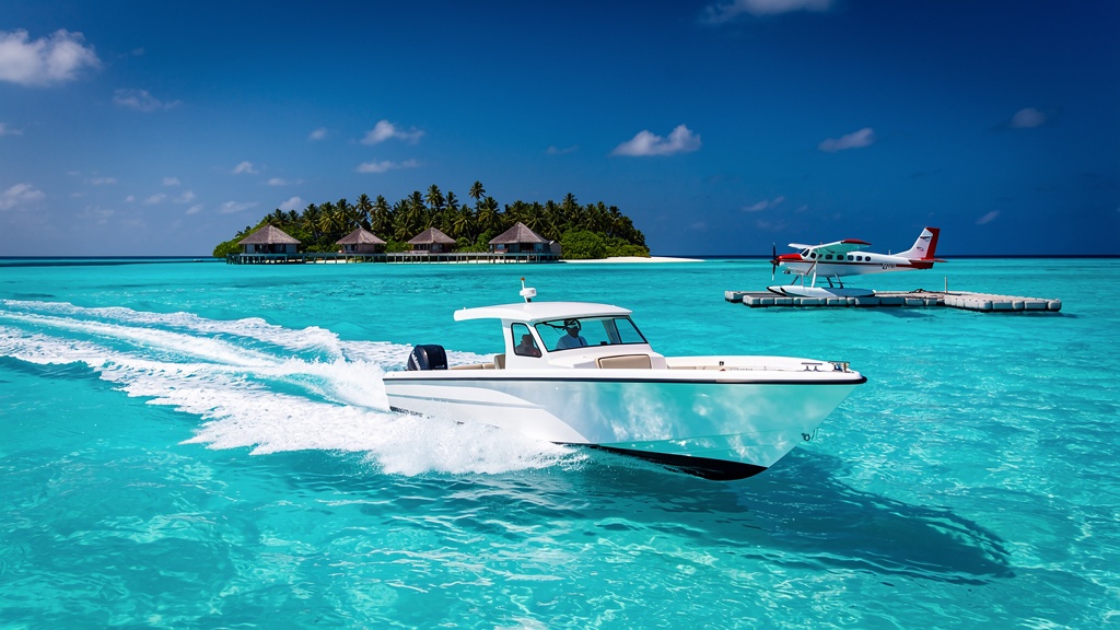 Speedboat crossing turquoise water toward a resort island