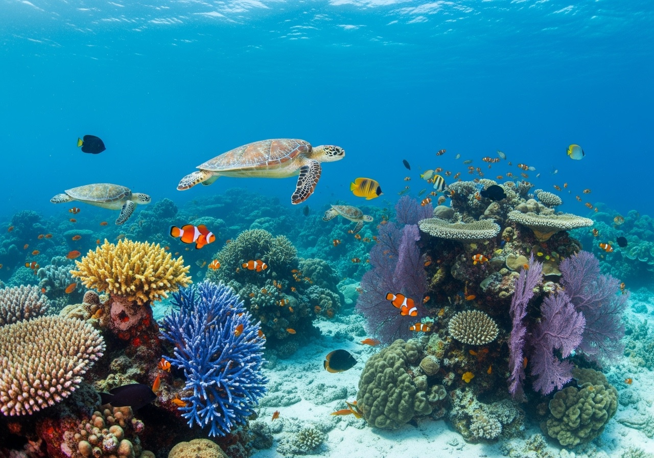 Vibrant coral reef ecosystem in Ari Atoll