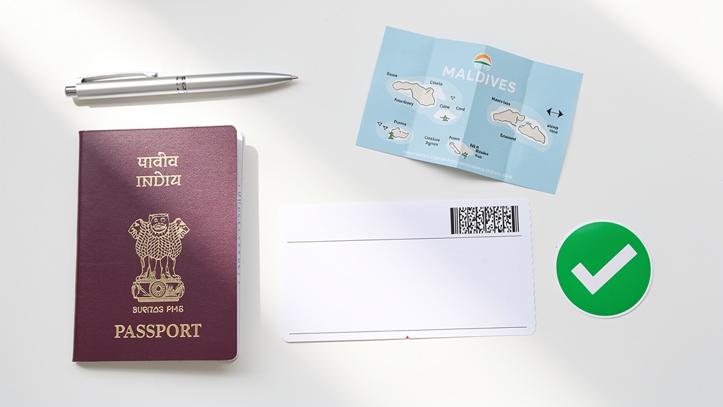 Passport and documents laid out with a Maldives map